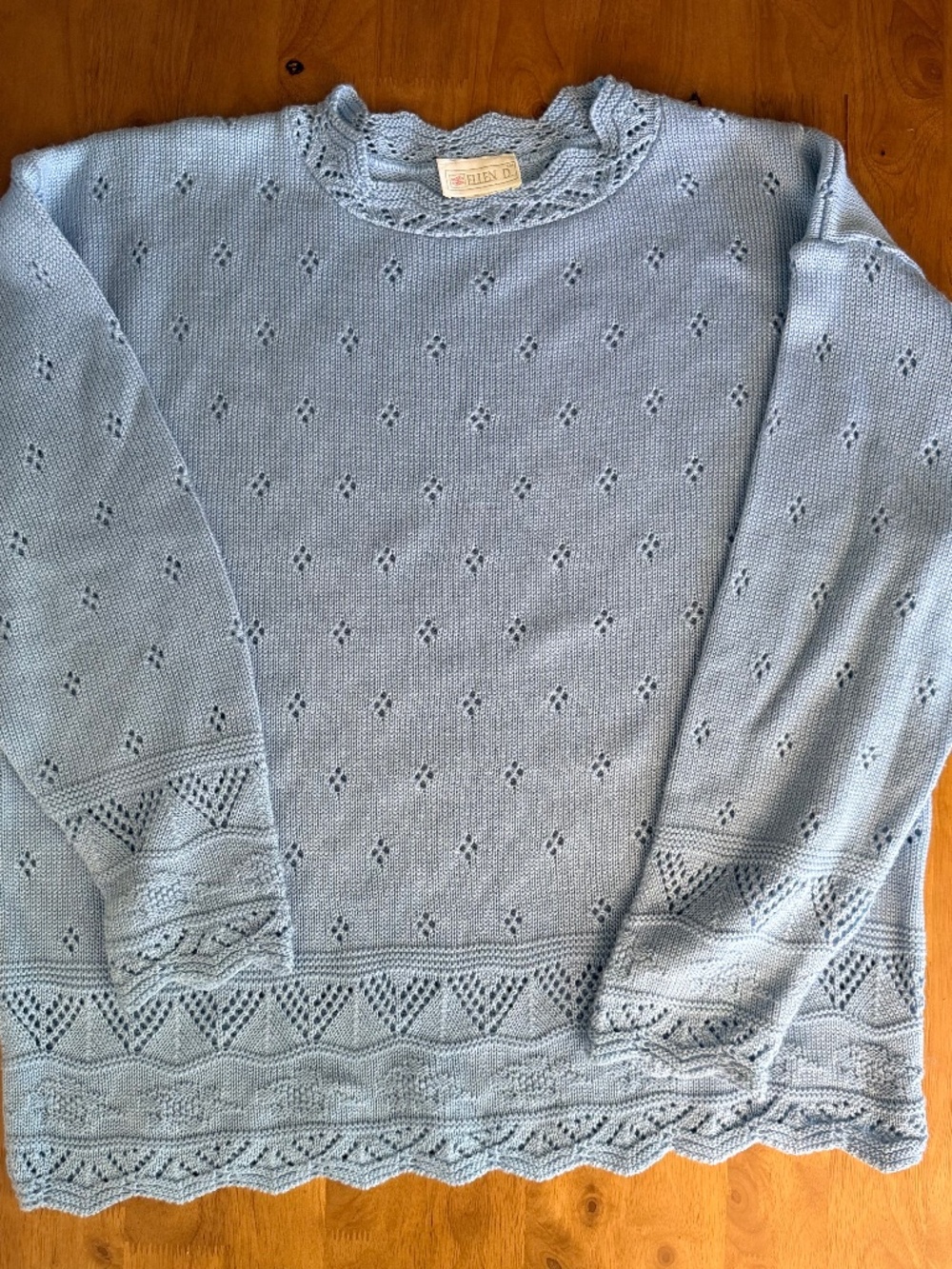 Vintage Ellen D. Light Blue Pointelle Scalloped Knit Sweater Large USA 650